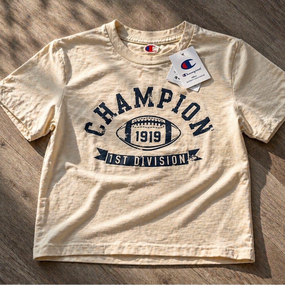 Champion Beige Crop Top Graphic Tee Size L (14) Sport Casual